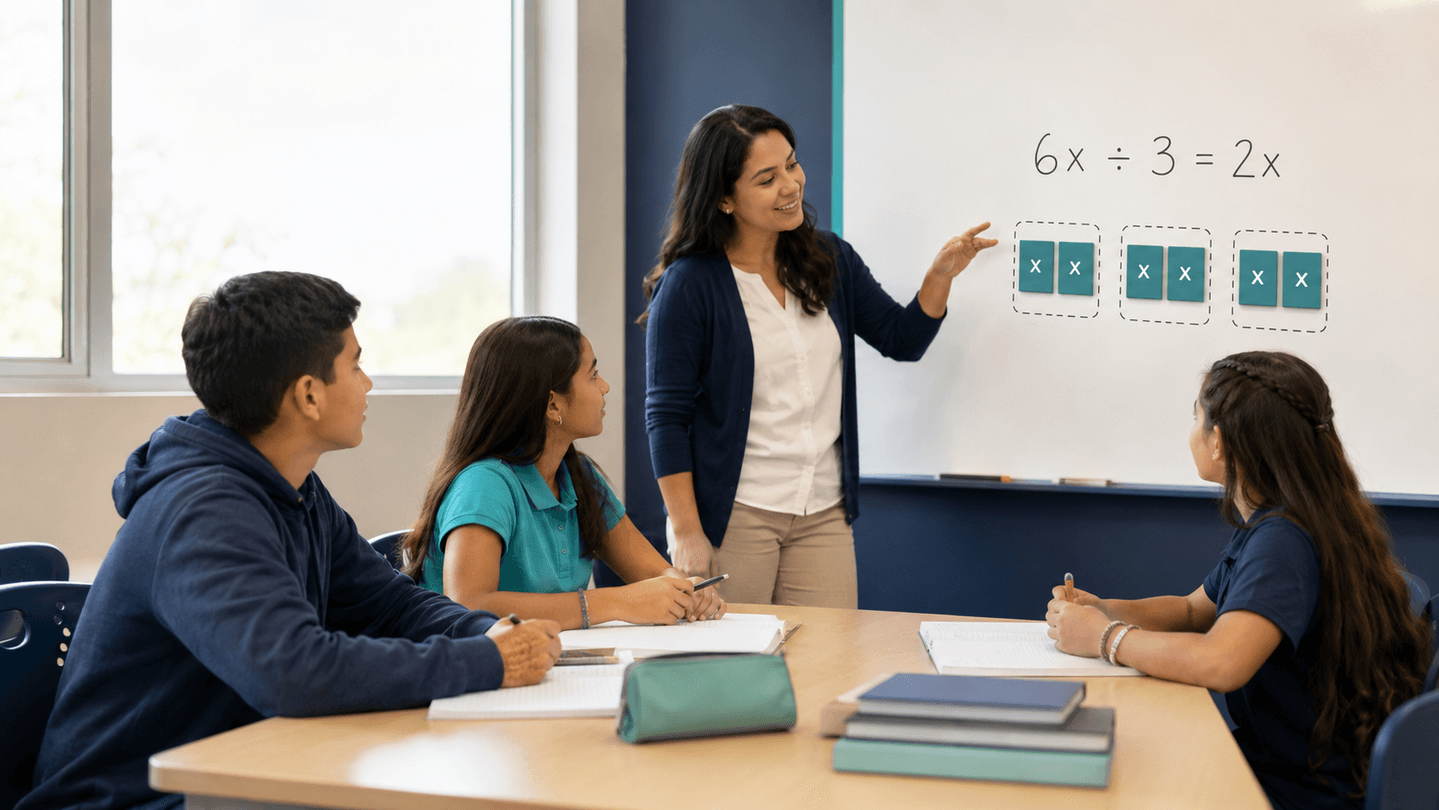 Docente explica la igualdad 6x÷3=2x con fichas x en la pizarra