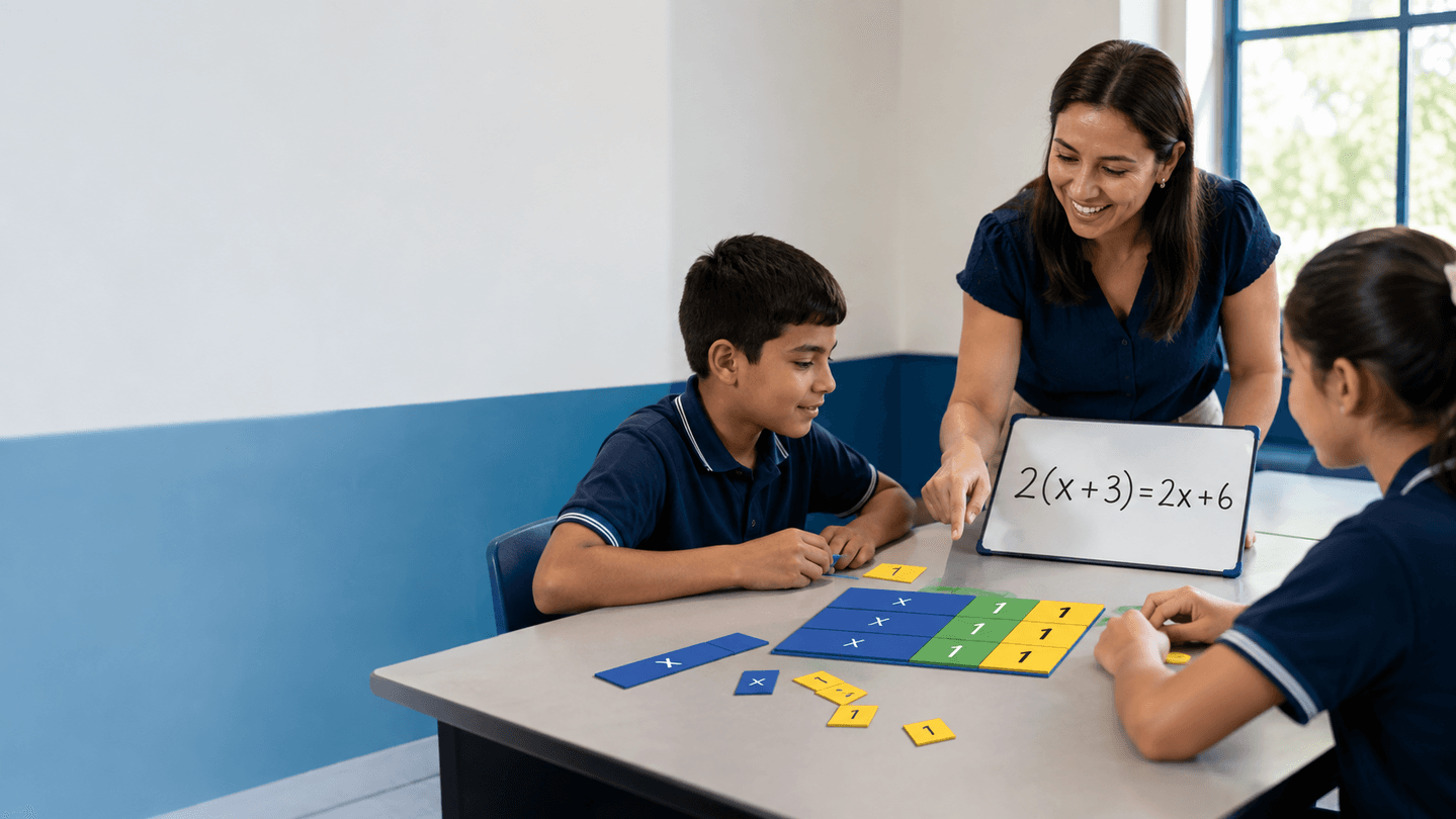 Estudiantes y docente verifican 2(x+3)=2x+6 con fichas de colores