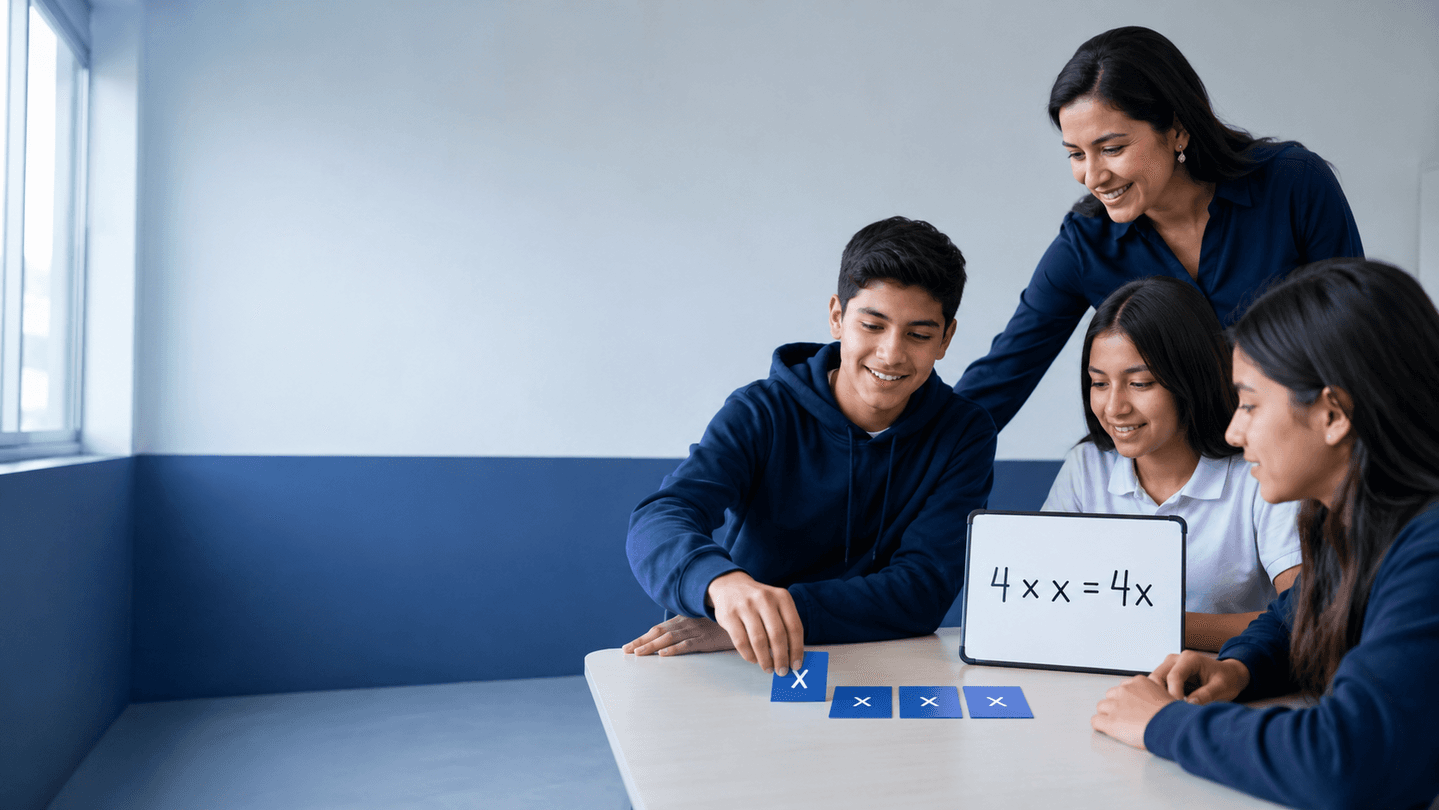 Estudiantes y docente observan la igualdad 4×x=4x en una pizarra portátil