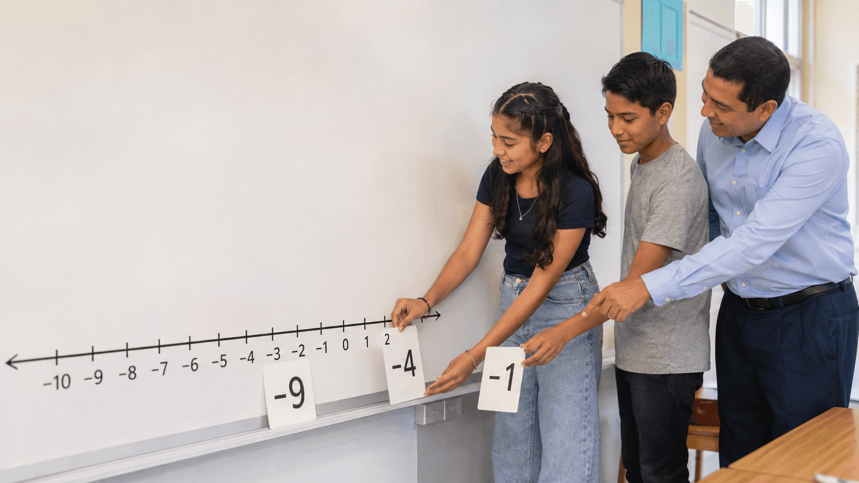 Docente y estudiantes ordenan números negativos en una recta numérica