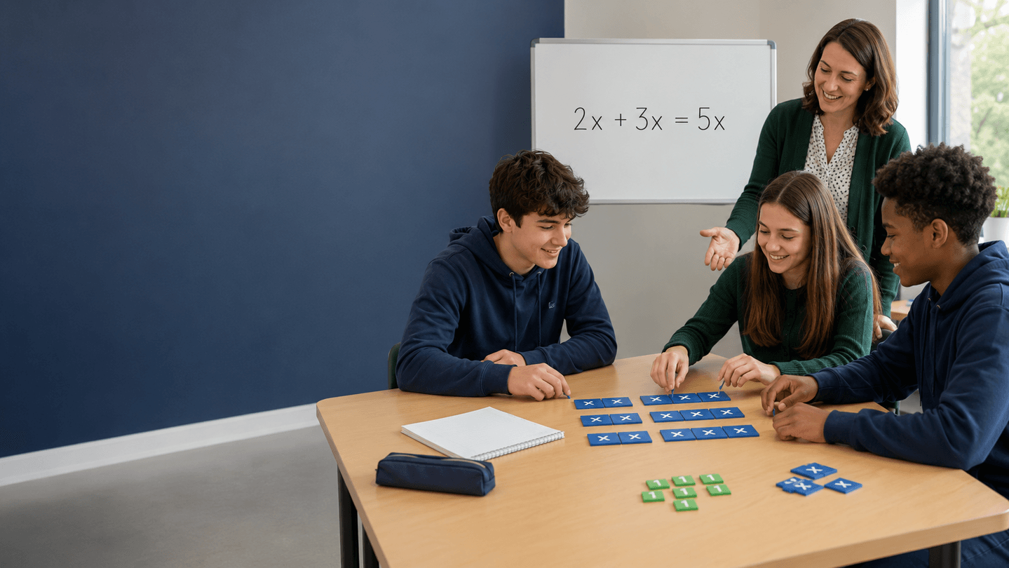 Docente y estudiantes comprueban 2x+3x=5x con fichas x en la mesa
