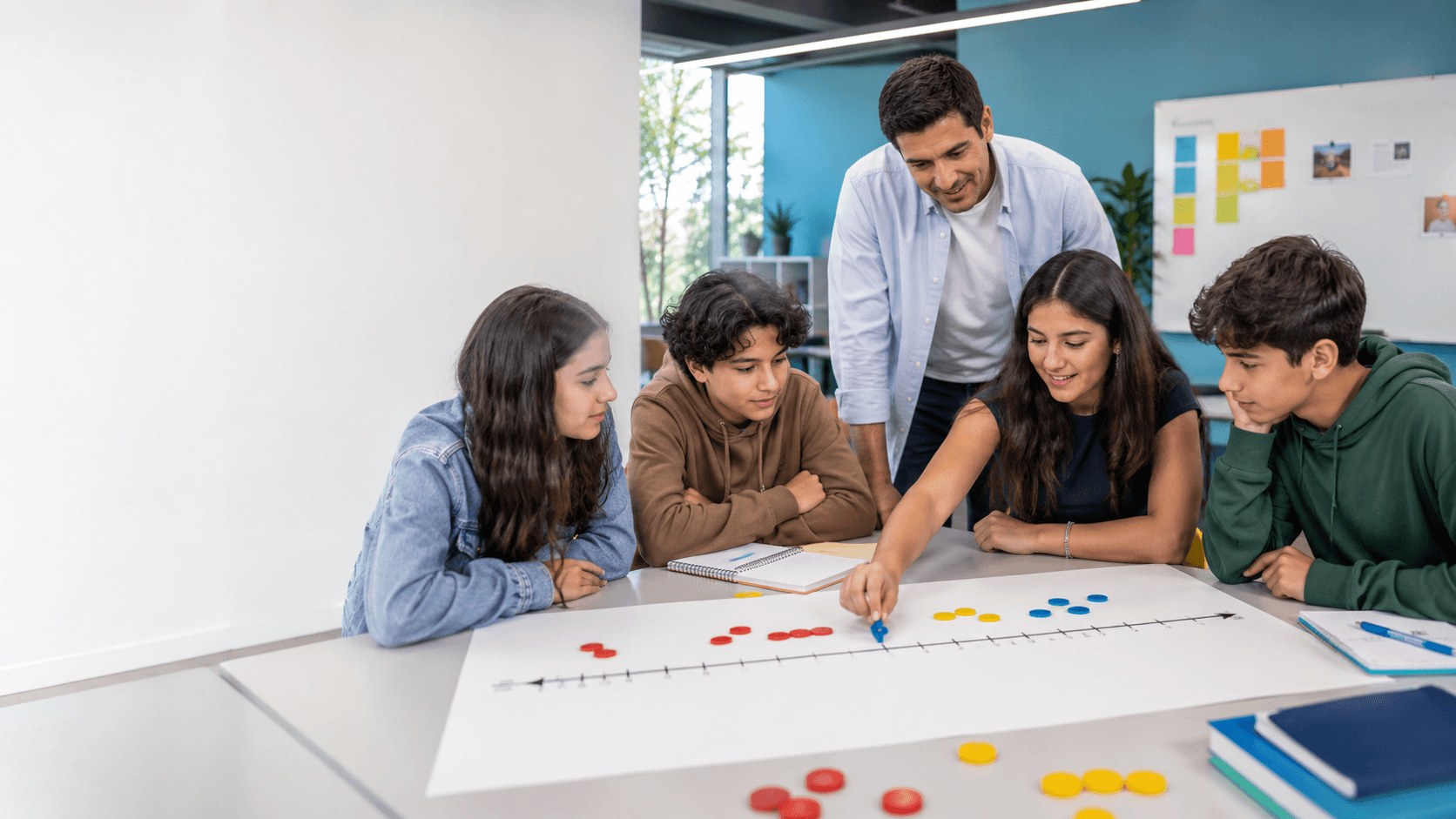 Estudiantes combinan fichas de colores en una recta numérica para una operación combinada