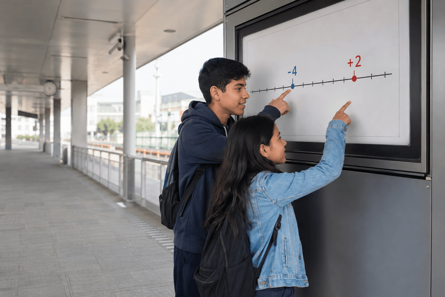 Estudiantes observan una recta numérica en una estación
