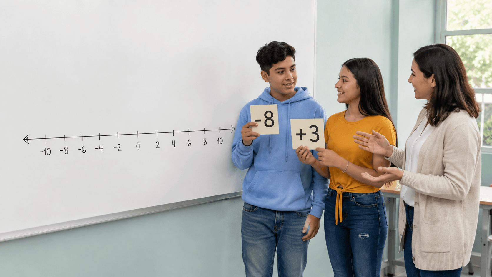 Docente y estudiantes comparan números en una recta numérica