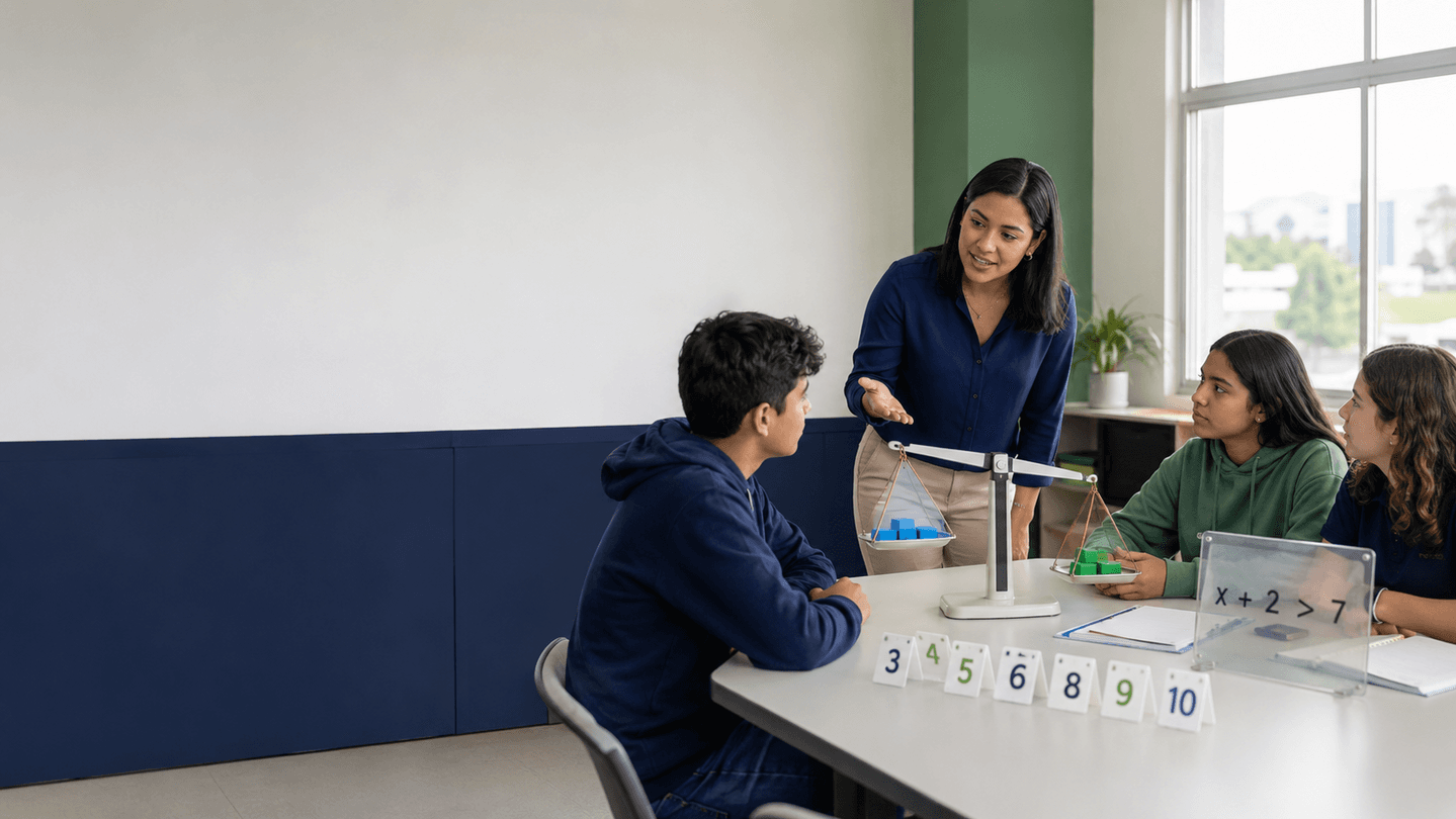 Docente y estudiantes comparan cantidades en una balanza junto a la desigualdad x+2>7