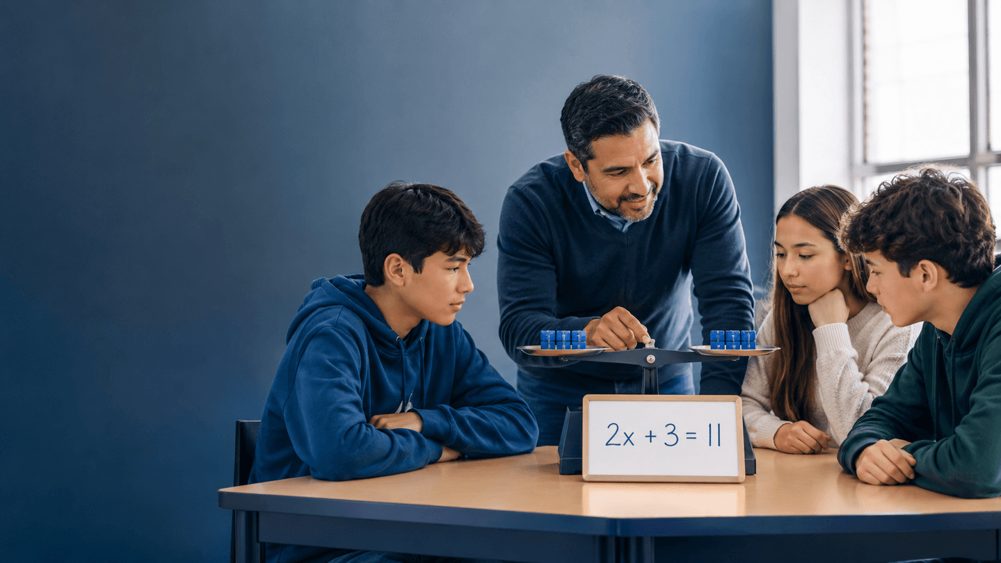 Docente y estudiantes observan una balanza equilibrada que representa la igualdad 2x+3=11