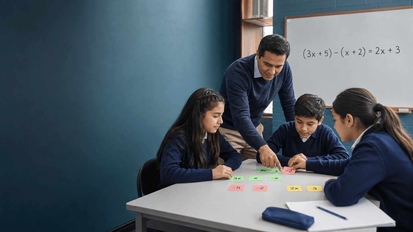 Docente y estudiantes ordenan tarjetas de colores para comprobar (3x+5)−(x+2)=2x+3