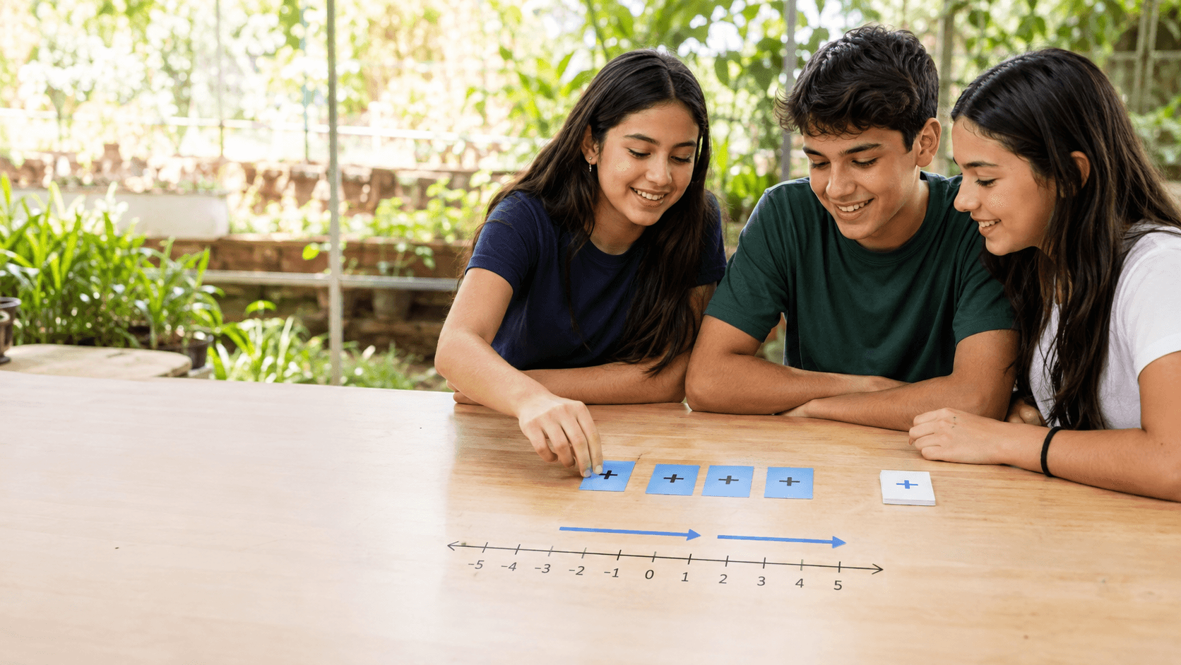 Estudiantes suman números del mismo signo con tarjetas y una recta numérica