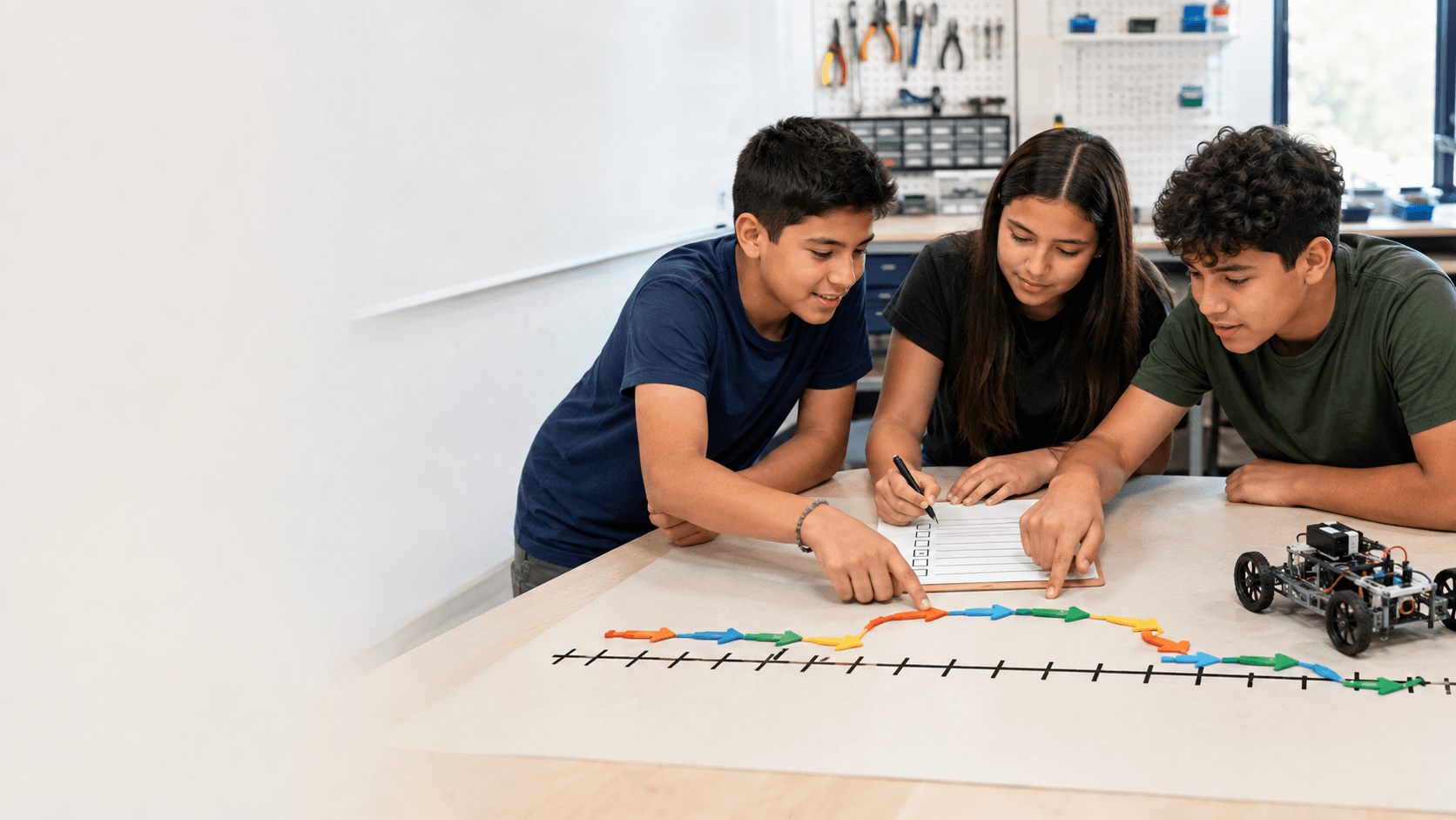 Estudiantes siguen una ruta de flechas de colores sobre una recta numérica