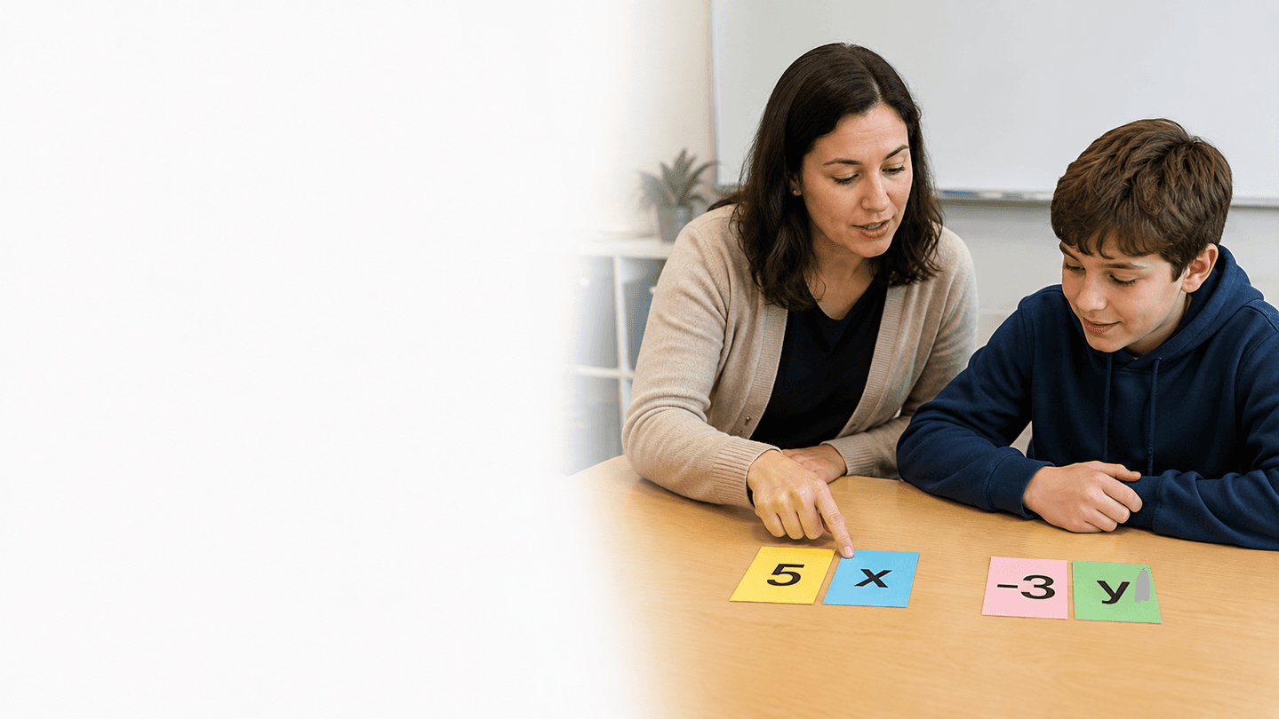 Docente señala las tarjetas 5, x, −3 y y que representan coeficientes y partes literales