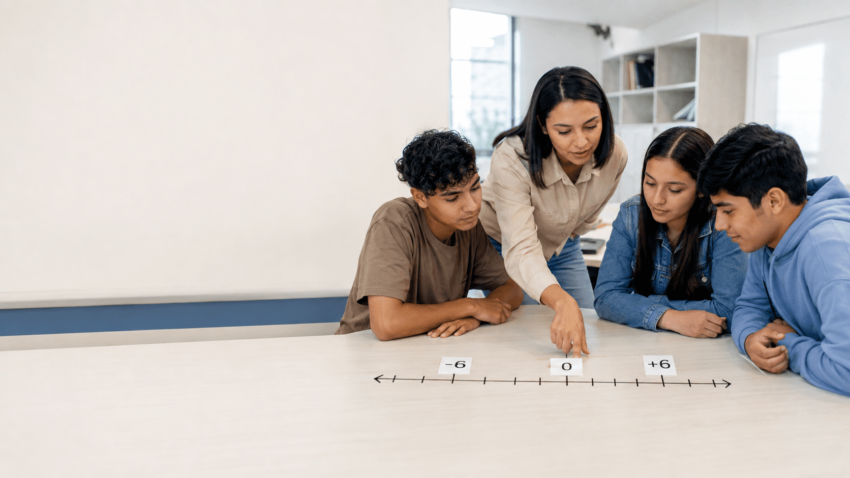 Docente y estudiantes miden distancias al cero en una recta numérica