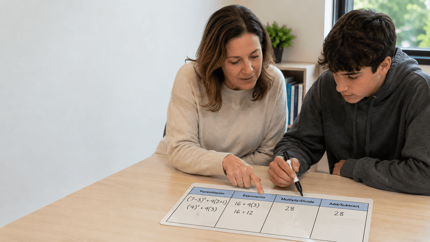 Docente y estudiante resuelven el orden de operaciones de (7−3)²+4(2+1) en una pizarra
