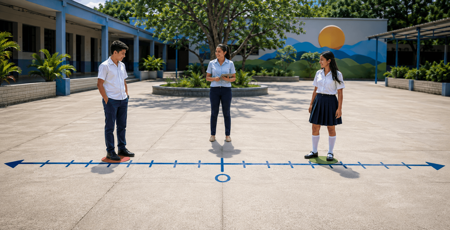 Estudiantes exploran una recta numérica en el patio escolar