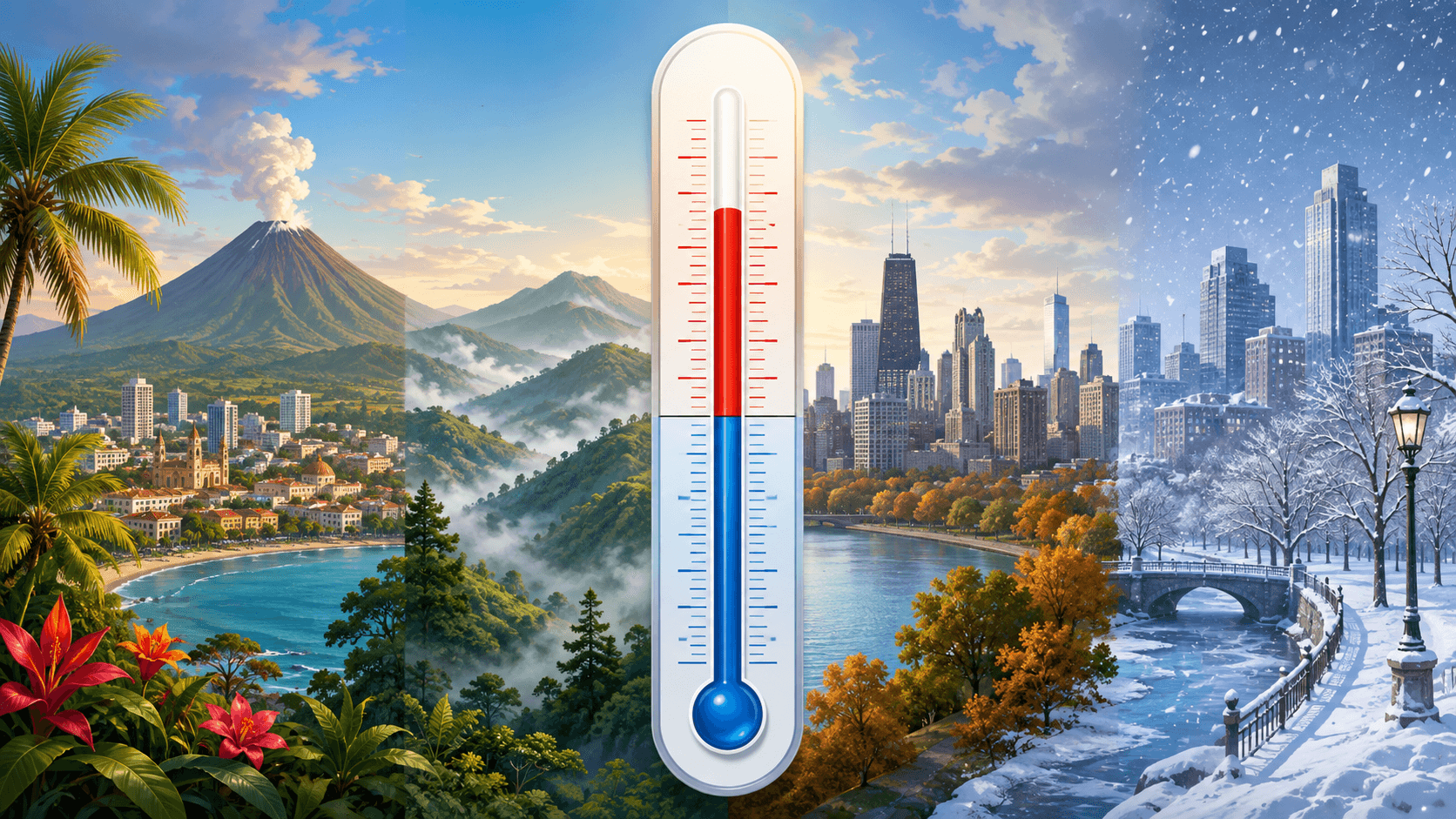 Transición visual entre clima tropical, zona alta, ciudad templada y ciudad nevada alrededor de un termómetro